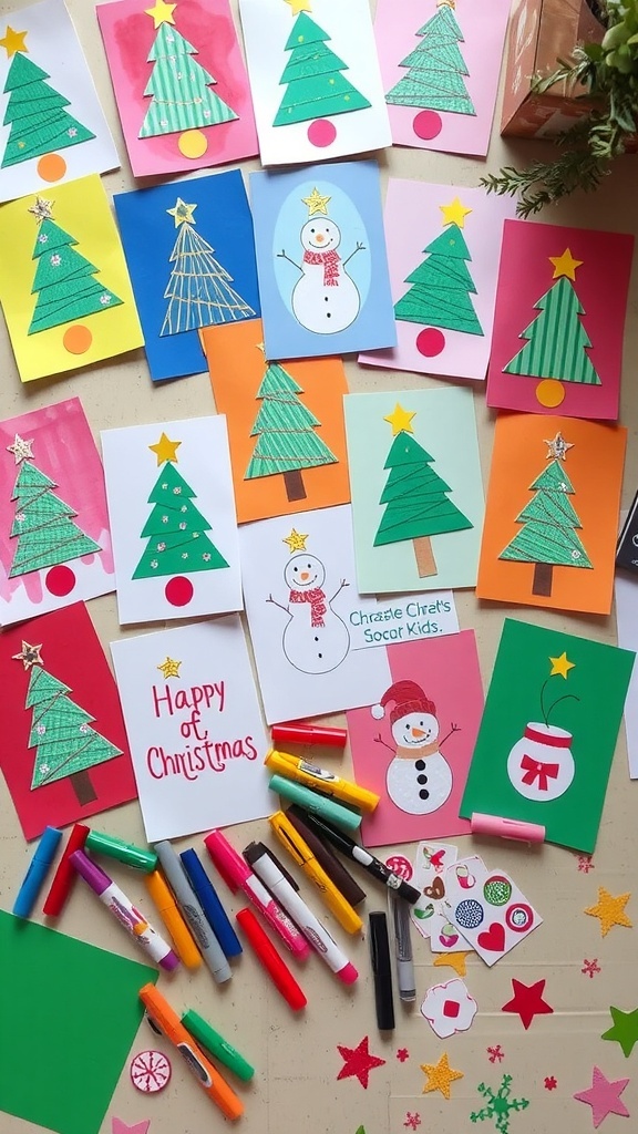 A collection of DIY Christmas cards made by children, decorated with drawings and stickers.